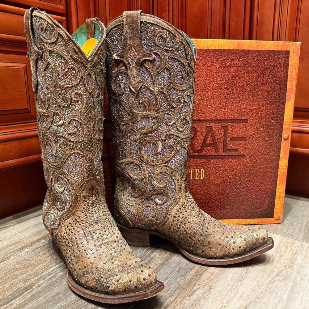 Corral Boots C3467 Cognac Purple Glitter Inlay Stud Cowboy Rodeo Cowgirl Boots 7